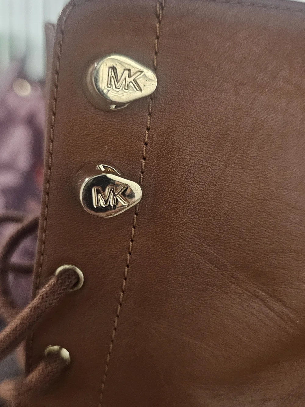 Michael Kors Brown Leather Lace-Up Boot with Gold Block Heel